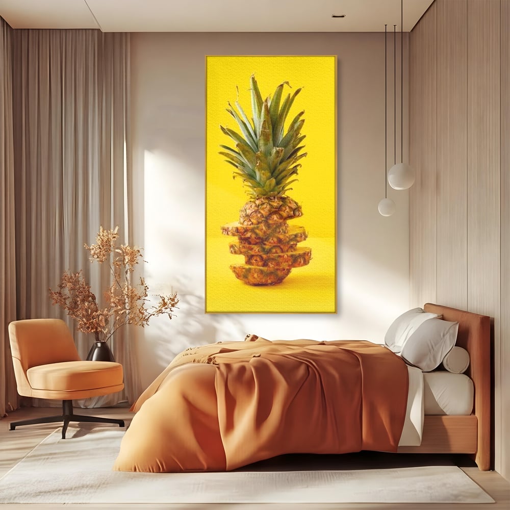 Tablou canvas cu tablou canvas cu ananas feliat, in rama de aluminiu auriu, pe perete intr-un dormitor